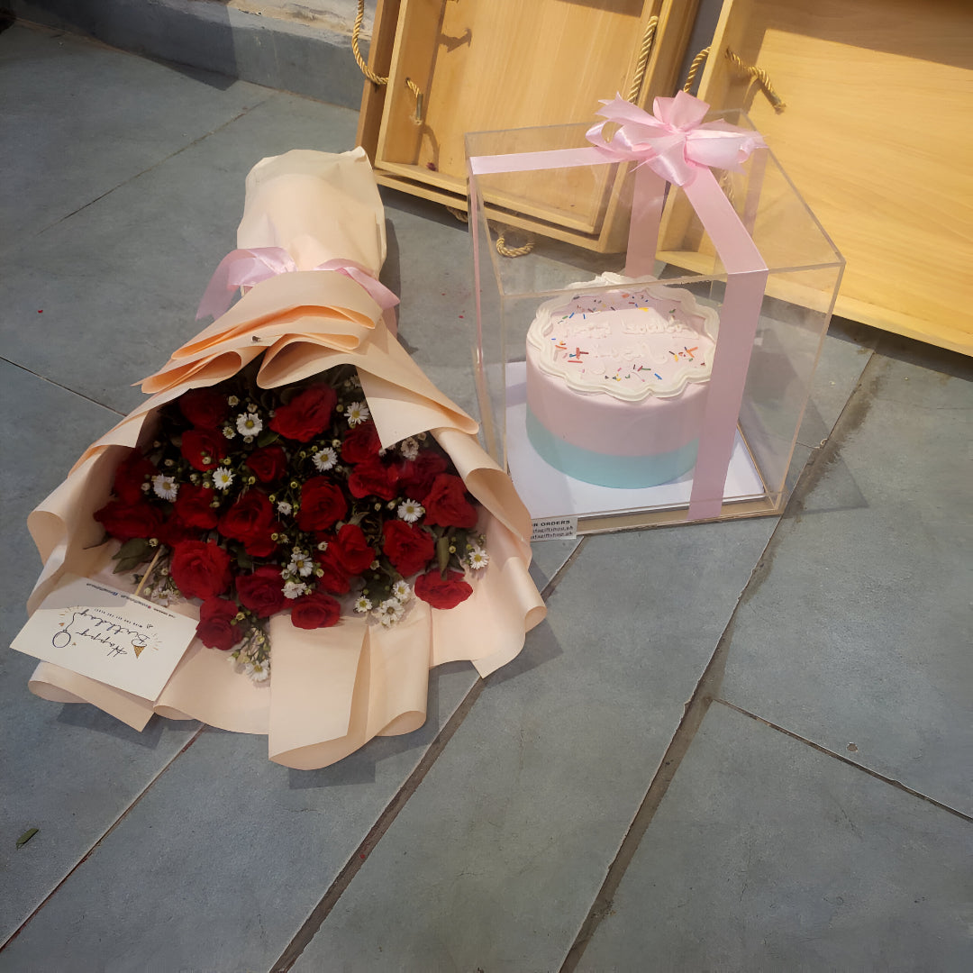 Flowers Bouquet and Cake in Transparent Box